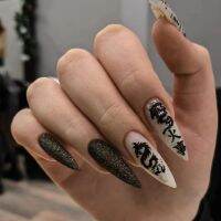 24Pcs/Box Diablo Series Black Detachable Almond False Nails With Design Wearable Snake Dradon Fire Flame Pattern Fake Nails Tips