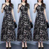 [Free ship] Short-sleeved dress womens 2023 summer new long section slim waist V-neck chiffon big swing