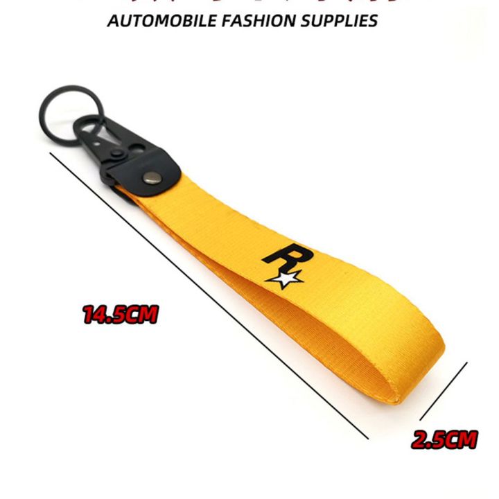 biuan-สายรัดสำหรับห้อยกุญแจรถสีเหลืองเครื่องประดับรถยนต์โลโก้ร็อคสตาร์สำหรับแฟนๆพวงกุญแจที่ใส่กุญแจเกม-gta-ตุ้มห้อย-gta5พวงกุญแจสายรัดไนล่อน