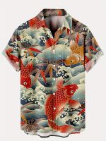 onlcicn New Mans Ukiyo-E Hawaiian Short Sleeve Shirts Best Sellers