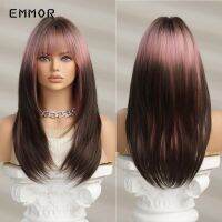 Emmor Synthetic Wigs Ombre Pink Brown Wig With Bangs Layered Hair Cosplay Daily Party Natural Heat Resistant Wigs for Women [ Hot sell ] ea1voy