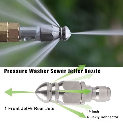 1/4inch Stainless Steel Pressure Washer Drain Sewer Cleaning Pipe Jetter Spray Quick Plug Drain Hose Nozzle Back Wear Resistance