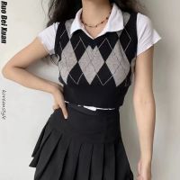 Ruo Bei Xuan Retro Contrast Color Diamond Knitted Vest Waistcoat Women S Preppy V-Neck Sleeveless Top