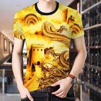 【Hot Sale】 silk mens short-sleeved T-shirt Korean version printing bottoming summer clothes large size tops round neck men