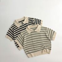 Spring Autumn New Children Knitting Hollow Out Polo Shirt Girl Baby Loose Short Sleeve Pullover Tops Boy Kid Casual Striped Tees