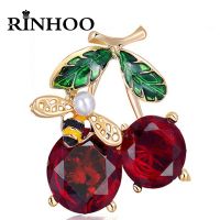 Rinhoo Red Crystal Cherry Brooch For Women Enamel Green Leaf Imitation Pearl Bee Fruits Weddings Casual Office Pins Coat Corsage