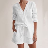 【 WYIN kitchen】 Women 39;s Pajama Sets Spring and Summer Long Sleeve Shorts Nightgown Homewear Casual Luxury Pajamas Thin Female Sleepwear