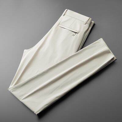 HOT11★BROWON Brand Men Pants Summer New Business Fashion Straight Cal Pants Mid Light Elastic Loose Ice Silk Breathable Thin Pants