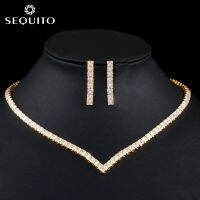 SEQUITO Luxury Gold Gold สีงานแต่งงานชุดเครื่องประดับ Paved AAA Cubic สร้อยคอพร้อยจี้เพชรรัสเซียสร้อยคอต่างหูผู้หญิง SJ195