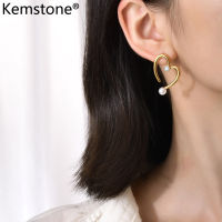 Kemstone เครื่องประดับของขวัญต่างหูทรงกระดุมมุกคริสตัลหัวใจสแตนเลสสำหรับผู้หญิง