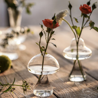 Ins Style Japan Fresh Mini Mushroom Glass Vase Decoration Hydroponic Transparent Dining Table Small Vase Flower Vase Terrarium