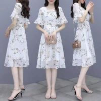 ✿❡ Female floral chiffon dress 2023 new summer little accept waist belly show thin temperament fairy the a-line