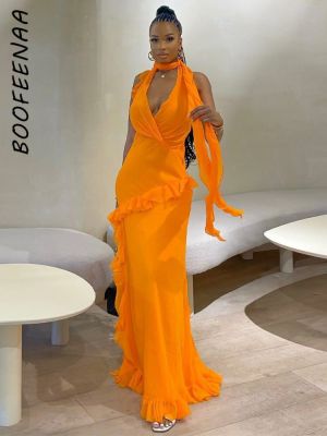 BOOFEENAA ชุดแม็กซี่เปิดหลังเสื้อผ้าแฟชั่นสตรีสำหรับผู้หญิง,ชุดราตรีชุดเดรสปาร์ตี้สีส้มสำหรับ2023ชุดไนท์คลับชุด C16-ED19