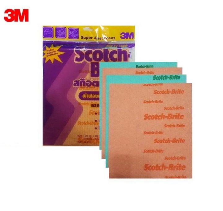 3M ผ้าฟองน้ำอเนกประสงค์ 7x7.8x0.2 นิ้ว (4แผ่น/แพ็ค) Super Absorbent Cellulose 100%