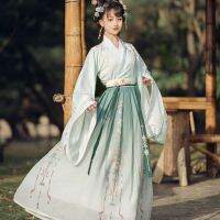 ชุด Hanfu สไตล์จีนสำหรับผู้หญิงชุดเจ้าหญิงเย็บปักดอกไม้สวยสง่าดั้งเดิมคอสเพลย์นางฟ้าตะวันออกเสื้อคลุมเต้นบนเวที