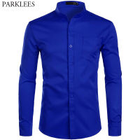 Mens Royal Blue Dress Shirts 2022 nd Banded Mandarin Collar Shirt Male Long Sleeve Casual Button Down Shirt with Pocket 2XL