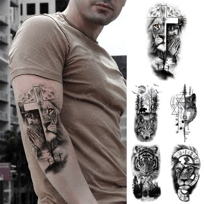【YF】 5PCS Waterproof Temporary Tattoo Sticker Praying Cross Lion Tiger Wolf Wild Animal Women Men Arm Fake Sleeve Tattoos