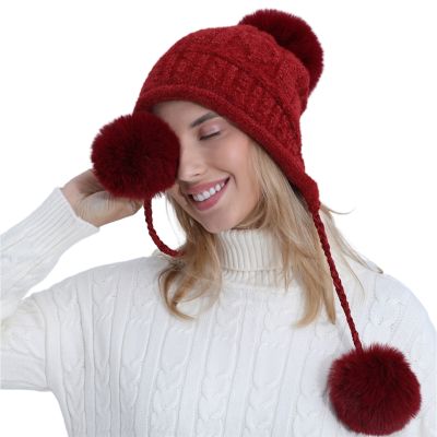 Women Winter Plush Lining Thick Cable Knit Chenille Beanie Hat Cute Pompom Ball Earflap Trapper Cap Solid Color Thermal Fuzzy