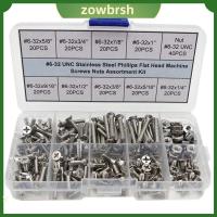 ZOWBRSH 220Pcs #6-32 สกรูหัวแบน Phillips เหล็กไร้สนิม 9ขนาด สกรูสำหรับเครื่องจักร พร้อมกล่องเก็บของ สกรู UNC เครื่องจักรความแม่นยำสูง