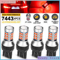 4ชิ้นหลอดไฟสว่างจ้า LED 7443 7440 27 LEDs 12V ไฟแฟลชไฟกระพริบหลอดไฟที่จอดรถปลายเบรก