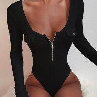 LINWO 2022 New False Pocket Zipper V-Neck Long Sleeve T-Shirt Jumpsuit Cloth for Women Female Lingerie Exotic Underwear