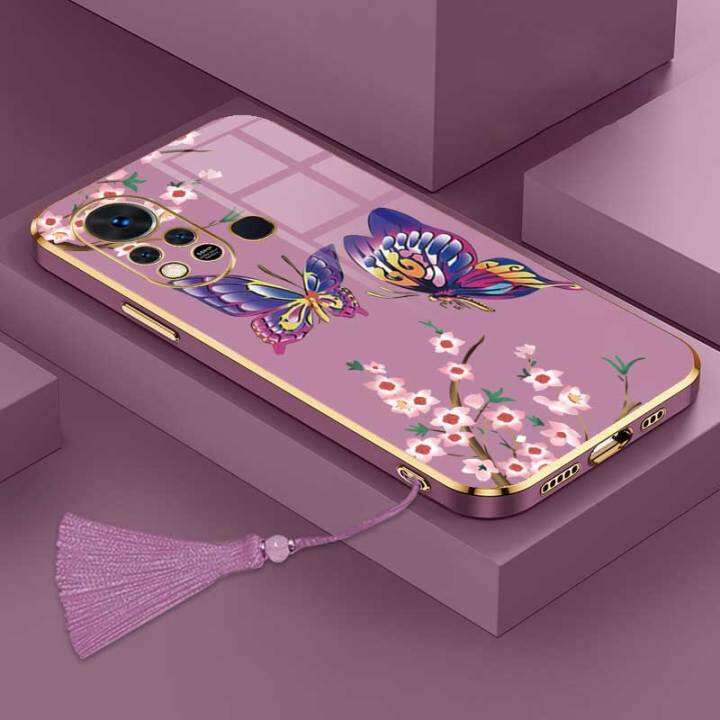 เคสสำหรับ-infinix-hot-11s-infinix-hot-11s-nfc-สุดหรูผีเสื้อกับกล้องดอกไม้เคสโทรศัพท์ขอบชุบกรอบซิลิโคนนิ่มพร้อมฟรีสายคล้อง