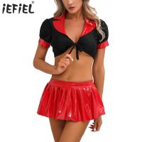 Womens Lingerie Schoolgirl Student Uniform Sexy Cosplay Costume Babydoll Outfit Lace-up Crop Top Patent Leather Pleated Skirt