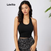 Lovito Casual Plain Crop Halter Sleeveless Tank Top L21AS054 (Black)