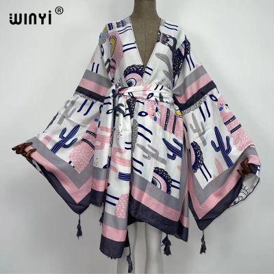 WINYI  America Summer Women Cardigan stitch traf robe Cocktail sexcy Boho Maxi African Holiday Batwing Sleeve Silk Robe
