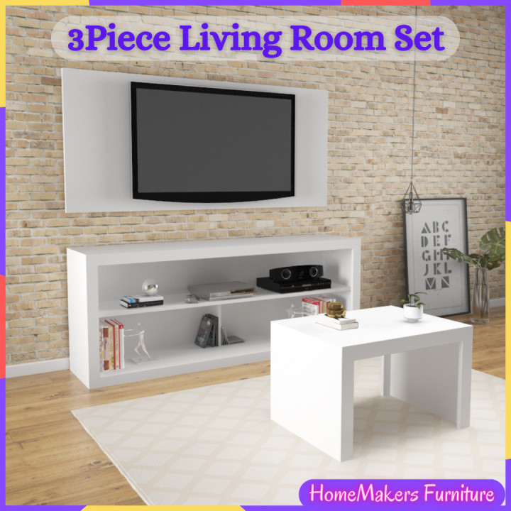 HomeMakers Furniture White 3Piece Living Room Set with WallMounted TV