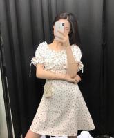 Popu-Women´s Dress, Idyllic Floral Print Lace Up Garment Bubble Short Sleeve Skirt for Female