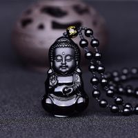 ZZOOI Black Obsidian Baby Buddha Necklace Pendant Buddhism Buddha Jade Pendant Lucky Pendants With Chain Jade Jewelry