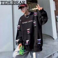 TIDE BEAR เสื้อกันหนาวผู้ชาย อเมริกันเรโทรถนน ความรู้สึกระดับไฮเอนด์ของตัวอักษรพรุนพิมพ์เสื้อแขนยาว