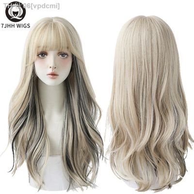 7JHH WIGS Long Wavy Curly Black Blonde Hair Highlights Synthetic Blend Wigs With Fluffy Bangs For Womens Daily Wear Four Season [ Hot sell ] vpdcmi