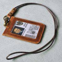 Leather ID Badge Holder Access Card with Cowhide Lanyard