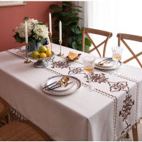 Blue and White Porcelain Embroidered Tassel Polyester Linen Tablecloth Rectangle Tea Table Cover White Coffee Table cloth
