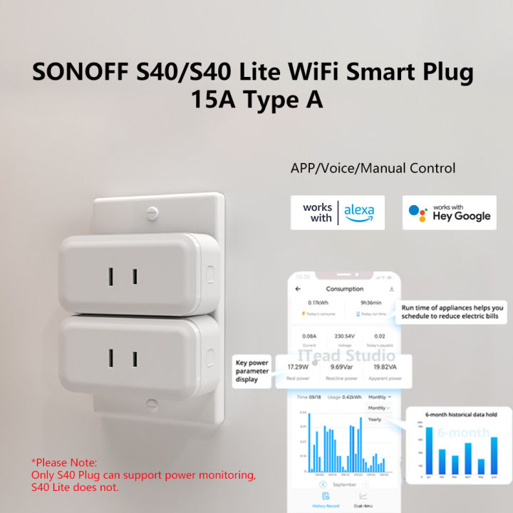 SONOFF S40/ S40 Lite 15A WiFi Smart Plug Type B MINI Wi-Fi Socket