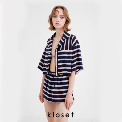 Kloset (KK22-T001) Stripes Crop Top เสื้อคอปก เสื้อผู้หญิง เสื้อเชิ้ต  เสื้อลายทาง