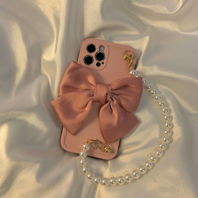 Pink Bow Pearl Chain เคสโทรศัพท์สำหรับ iPhone11 Pearl สายรัดข้อมือเคสโทรศัพท์สำหรับ iPhone/xr/xs max สีทึบกันกระแทกเคสโทรศัพท์สำหรับ iPhone7/8 plus