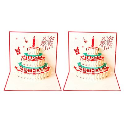 2X Happy Birthday Postcard Greeting Gift Cards Paper 3D Handmade Pop Up laser-Cut Vintage Cake with Envelope Red