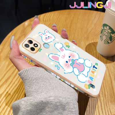 Jjlingji เคสสำหรับ Realme C21กระต่ายสีขาวน่ารักลายการ์ตูนหรูหราเคสมือถือกรอบสี่เหลี่ยมเคสกันกระแทกฝาหลังเคสป้องกันเลนส์กล้อง