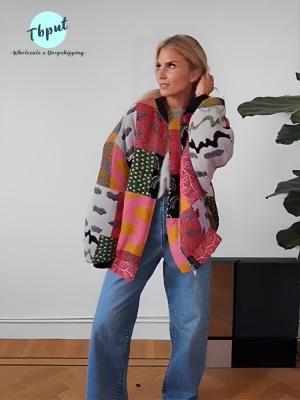 Contrast Print Cotton Coats Women Casual Long Sleeve With Zipper Cotton Jacket 2023 Loose Autumn Winter Warm Parka Outerwear