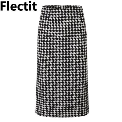 ขายดีที่สุด ioztt2023 -  Flectit Classic Houndstooth Skirts Women High Waist With Back Split Mid Long Houndstooth Skirt Slim Pencil Skirts Female