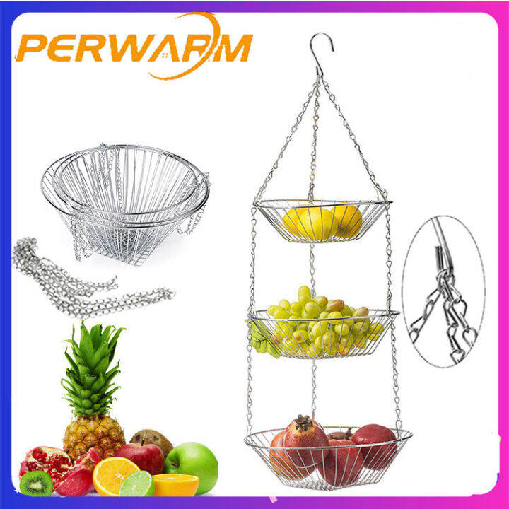 Perwarm 3layer Fruit Hanging Basket Wrought Iron Fruit Hanging Basket Decorative Storage Basket