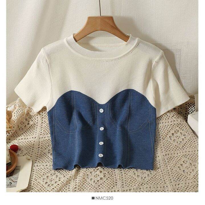 เสื้อยืดแขนสั้น-คอกลม-ผ้าถัก-แฟชั่นฤดูร้อน-สําหรับผู้หญิง-v728