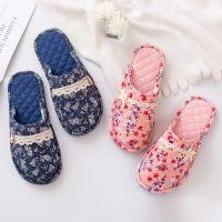 Home Slippers for Women Cotton Fabric Family Hotel Shoes Floral Flower Female Slides Male Indoor Bedroom Floor Flat Slipper Men