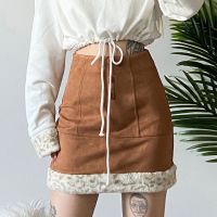 Deerskin Leopard Print Frayed Stitching Breasted Skirt Womens Skirt