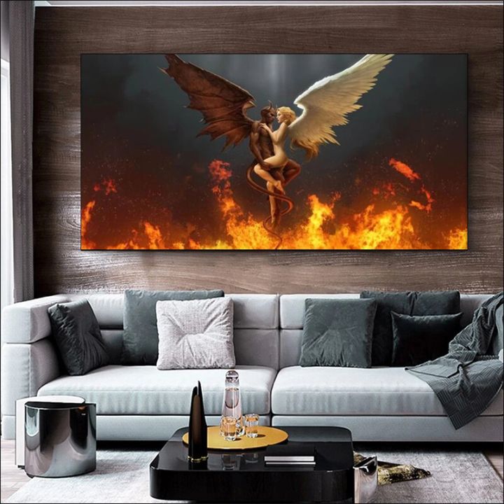 devil-and-love-angel-สีดำและสีขาว-angel-wings-โปสเตอร์ผ้าใบภาพผนังศิลปะห้องนั่งเล่นตกแต่งบ้าน-cuadros
