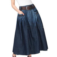 New Casual Denim All-match Loose Casual Jeans Skirt Elastic Waist Long Solid Skirt For Women With Belt Blue S - 3XL