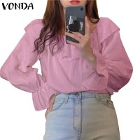 VONDA Women Casual Korean Long Sleeve Solid Color Ruffled Pleated Blouse